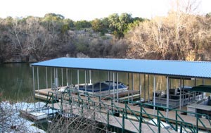 All covered wet slips at Briarcliff Marina are situated in a protected cove on Lake Travis